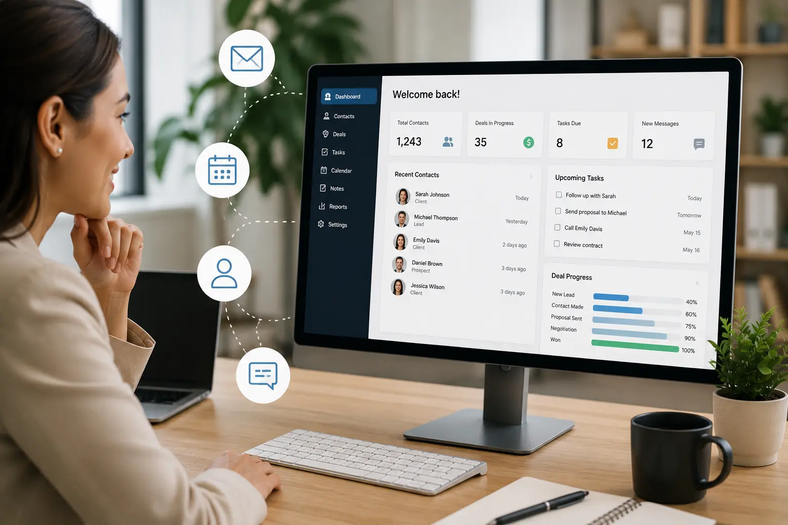 Contractor CRM software dashboard for tracking leads, follow-ups, client conversations, quotes, and job history