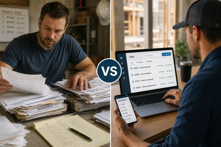 Digital job tracking software helping contractors manage work orders, schedules, customer details, and team updates