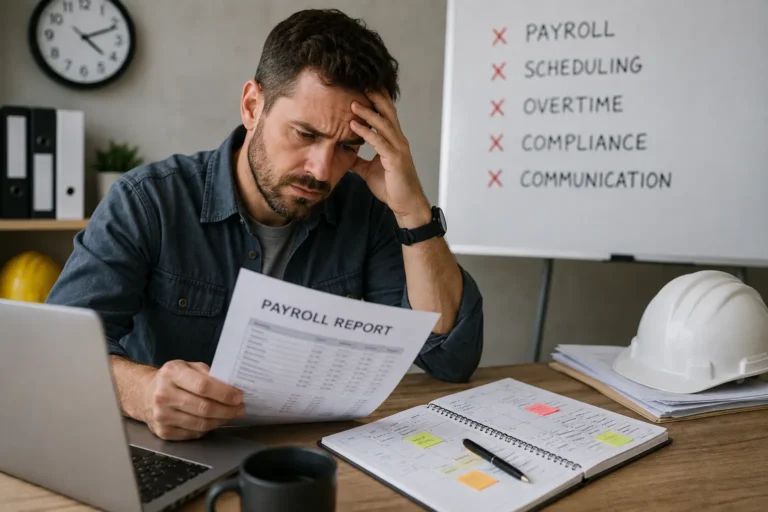 HR software helping contractors manage employee records, time tracking, payroll, scheduling, and workforce operations
